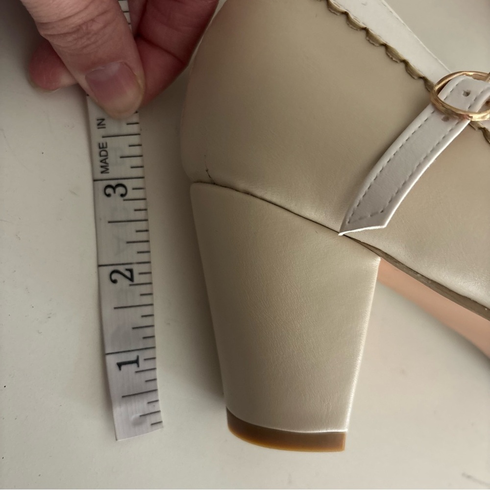 Chunky Block Heel Ankle Strap Bow Front Toe Retro Mary Jane Pumps, Beige, 10.5 - Picture 10 of 10